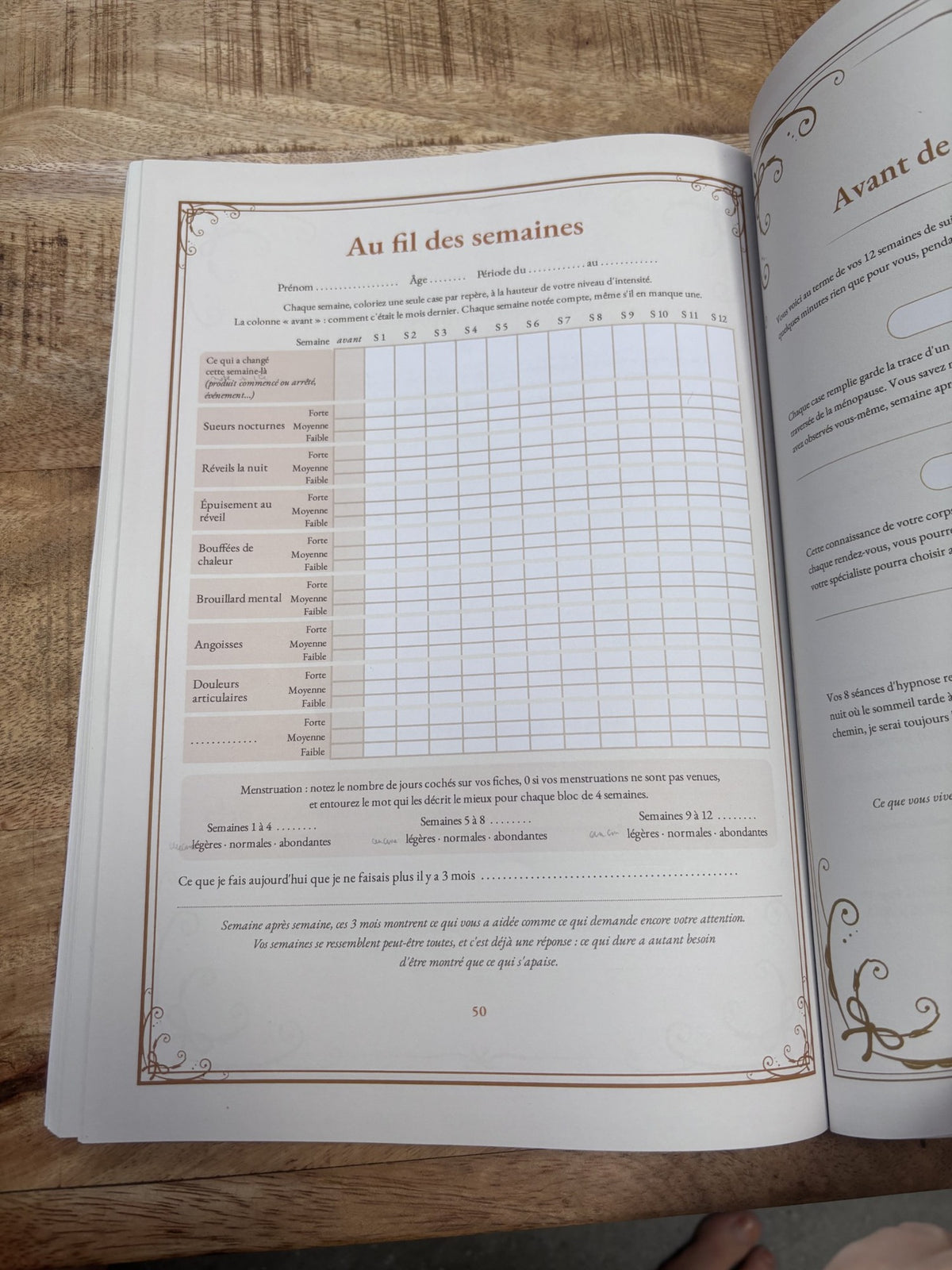 Fiche de suivi du carnet Ménopause, semaine après semaine