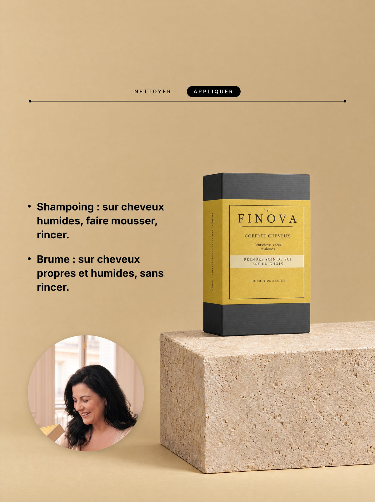 Comment utiliser le coffret cheveux secs FINOVA : shampoing puis brume